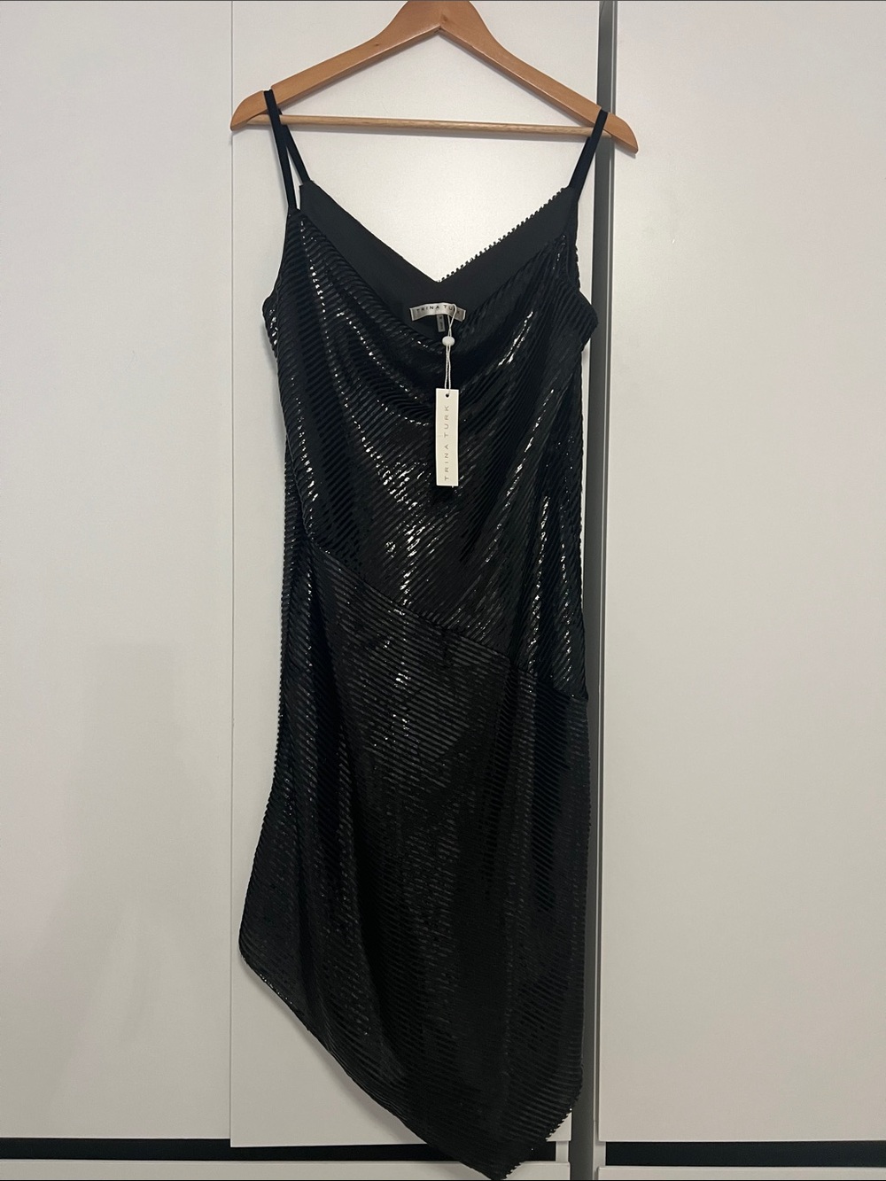 Trina Turk Black Sequin Slip Dress with Cowl Neck